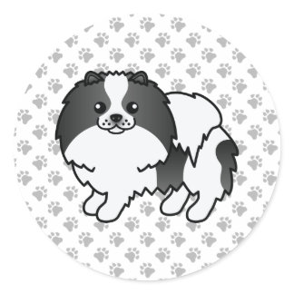 Black Parti-Color Pomeranian Cartoon Dog &amp; Paws Classic Round Sticker
