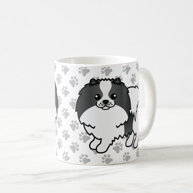 Black Parti-Color Pomeranian Cartoon Dog & Paws Coffee Mug (Front Right)
