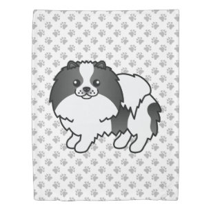 Black Parti-Color Pomeranian Cartoon Dog & Paws Duvet Cover