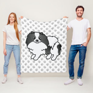 Black Parti-Color Pomeranian Cartoon Dog & Paws Fleece Blanket