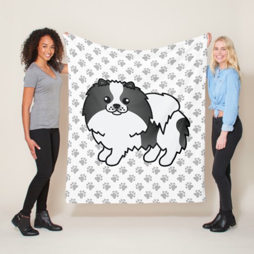 Black Parti_Color Pomeranian Cartoon Dog  Paws Fleece Blanket