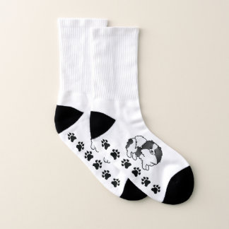 Black Parti-Color Pomeranian Cartoon Dog &amp; Paws Socks