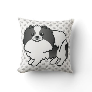 Black Parti-Color Pomeranian Cartoon Dog &amp; Paws Throw Pillow