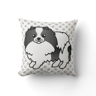 Black Parti-Color Pomeranian Cartoon Dog & Paws Throw Pillow