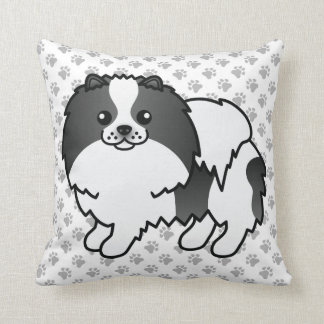 Black Parti-Color Pomeranian Cartoon Dog &amp; Paws Throw Pillow