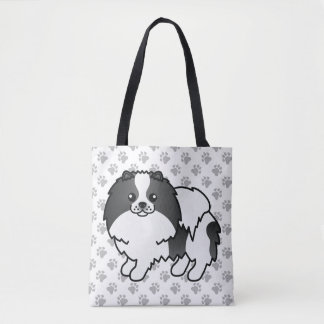 Black Parti-Color Pomeranian Cartoon Dog &amp; Paws Tote Bag