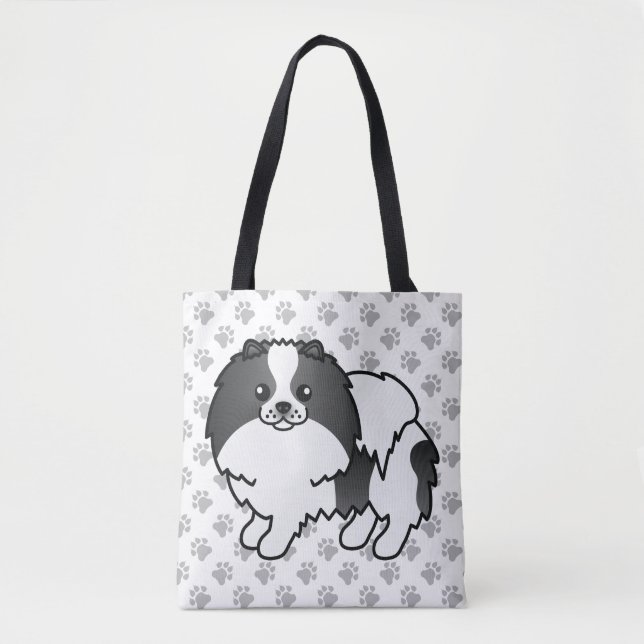Black Parti-Color Pomeranian Cartoon Dog & Paws Tote Bag (Front)