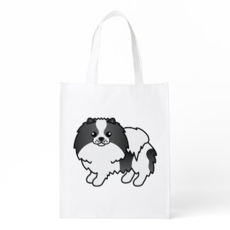 Black Parti-Color Pomeranian Cute Cartoon Dog Grocery Bag
