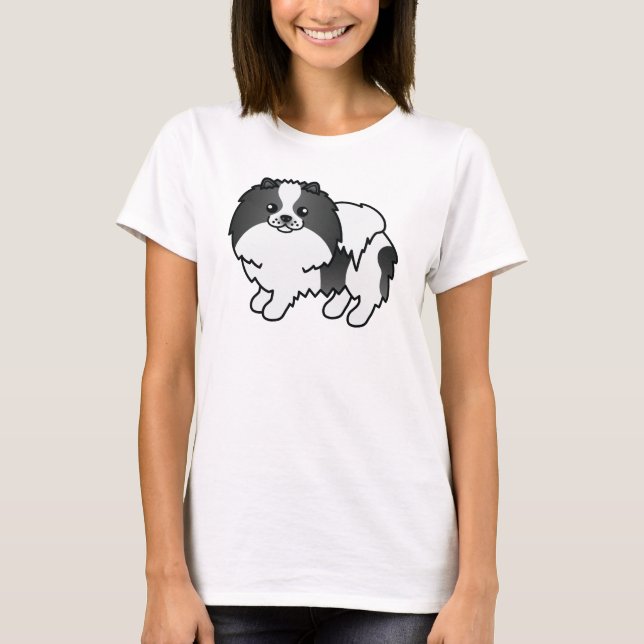 Black Parti-Color Pomeranian Cute Cartoon Dog T-Shirt (Front)
