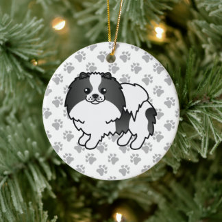 Black Parti-Color Pomeranian Cute Dog &amp; Paws Ceramic Ornament