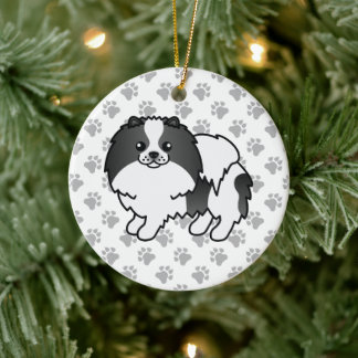 Black Parti-Color Pomeranian Cute Dog & Paws Ceramic Ornament