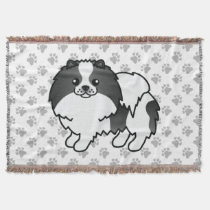 Black Parti-Color Pomeranian Cute Dog & Paws Throw Blanket