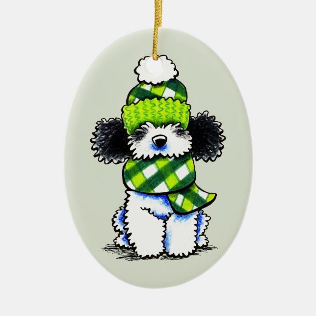 Black Parti Toy Poodle Plaid Scarf Ceramic Ornament (Front)