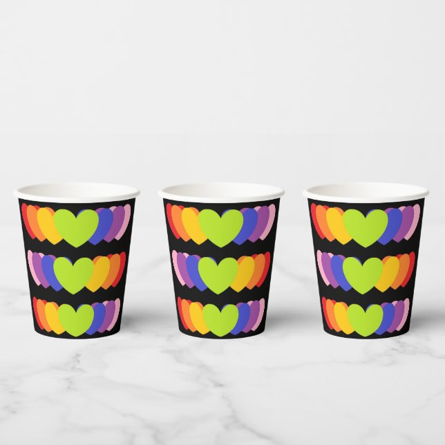Black Party Drink Cups With Rainbow Hearts  (Multi)