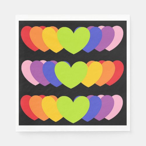 Black Party Napkins with Rainbow Colored Hearts