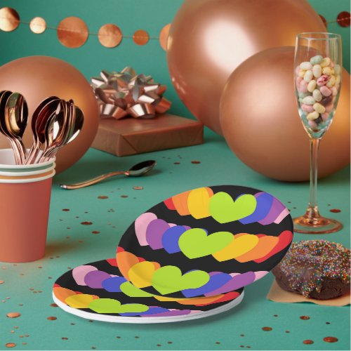 Black Party Plates With Rainbow Hearts 