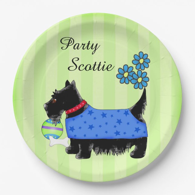 Black Party Scottie Dog Blue Clothes Green Custom Paper Plates (Front)