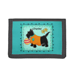 Black Party Scottie Dog Name Personalized Teal Trifold Wallet