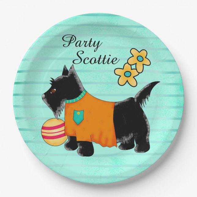 Black Party Scottie Terrier Dog Name Personalized Paper Plates (Front)