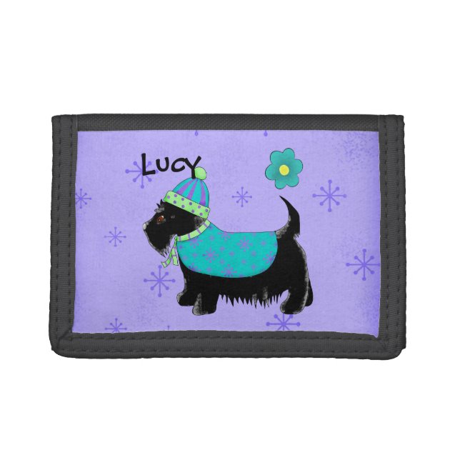 Black Party Scottie Terrier Dog Name Personalized Trifold Wallet (Front)