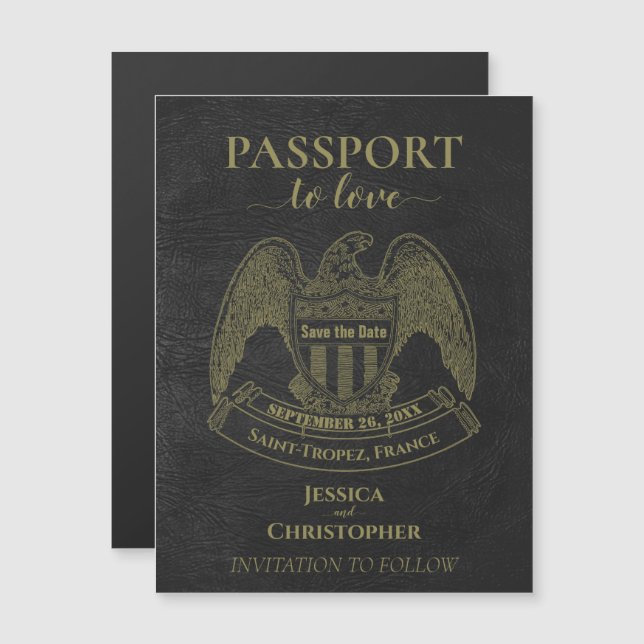 Black Passport Destination Wedding Save the Date Magnetic Invitation (Front/Back)