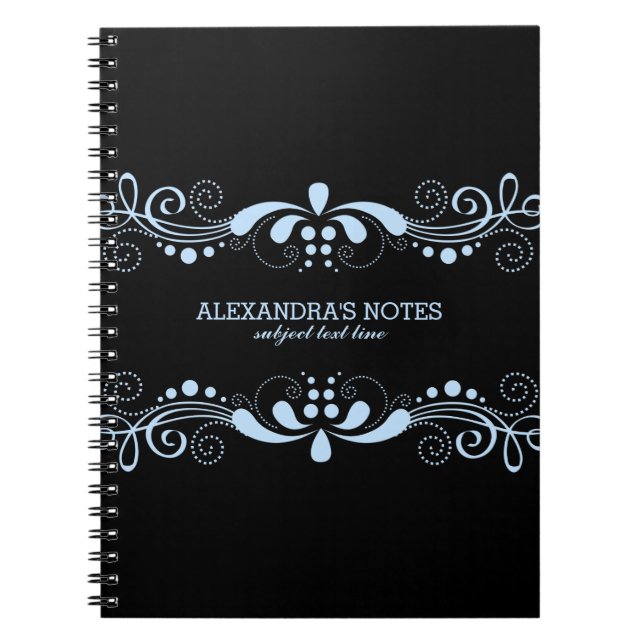 Black & Pastel Blue Tones Floral Lace Frame Notebook (Front)
