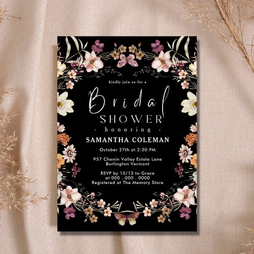 Black Pastel Boho Wildflower Modern Bridal Shower Invitation