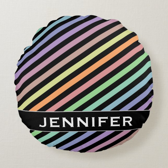 Black & Pastel Color Lines Pattern + Custom Name Round Pillow (Front)