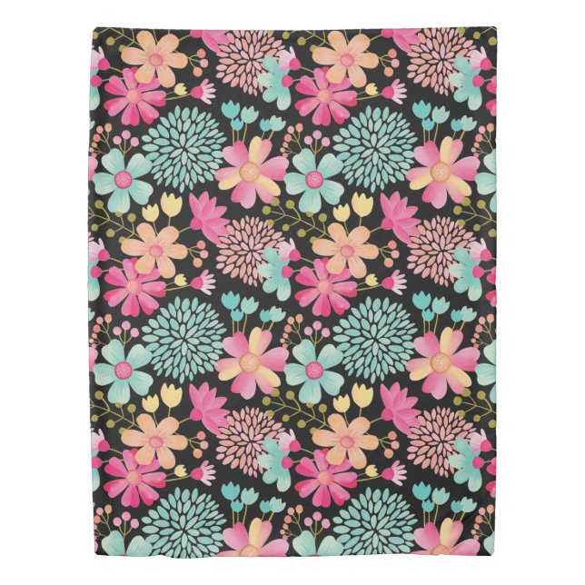 Black Pastel Floral Twin Double Bed Duvet Cover (Front)