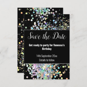 BLACK PASTEL HOLOGRAPHIC PATTERN SAVE THE DATE RSVP CARD