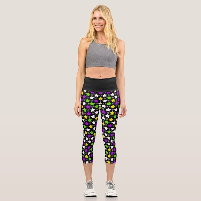 Black Pastel Ombre Stars Capri Leggings (Front)