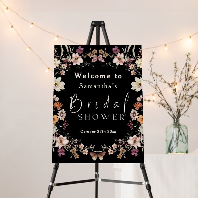 Black Pastel Wildflower Modern Boho Bridal Shower Foam Board (In Situ (Stand))
