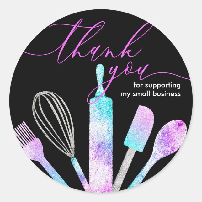 Black Pastry chef bakery tools thank you Classic Round Sticker (Front)