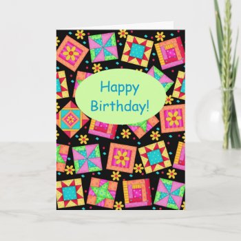 Black Patchwork Quilt Block Art Happy Birthday Card by phyllisdobbs at Zazzle