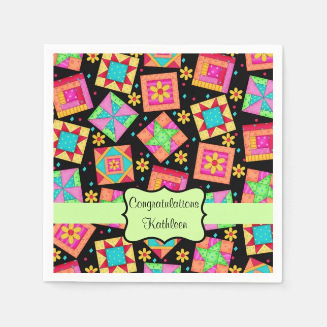 Black Patchwork Quilt Block Name Congratulations Paper Napkins (Front)