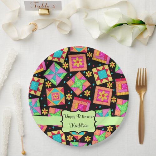 Black Patchwork Quilt Block Name Happy Retirement Paper Plates