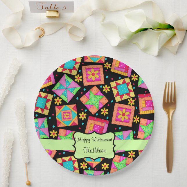 Black Patchwork Quilt Block Name Happy Retirement Paper Plates (Wedding)