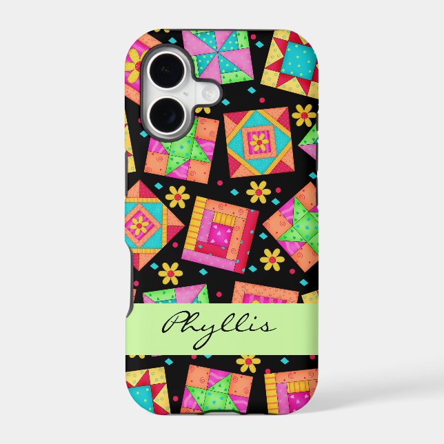 Black Patchwork Quilt Block Name Personalized Iphone Case (Back)