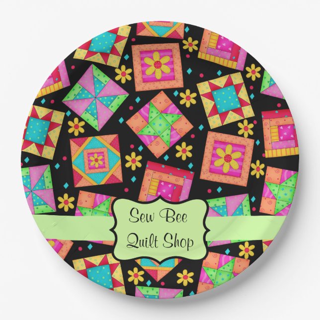 Black Patchwork Quilt Shop Customized Party Paper Plates (Front)