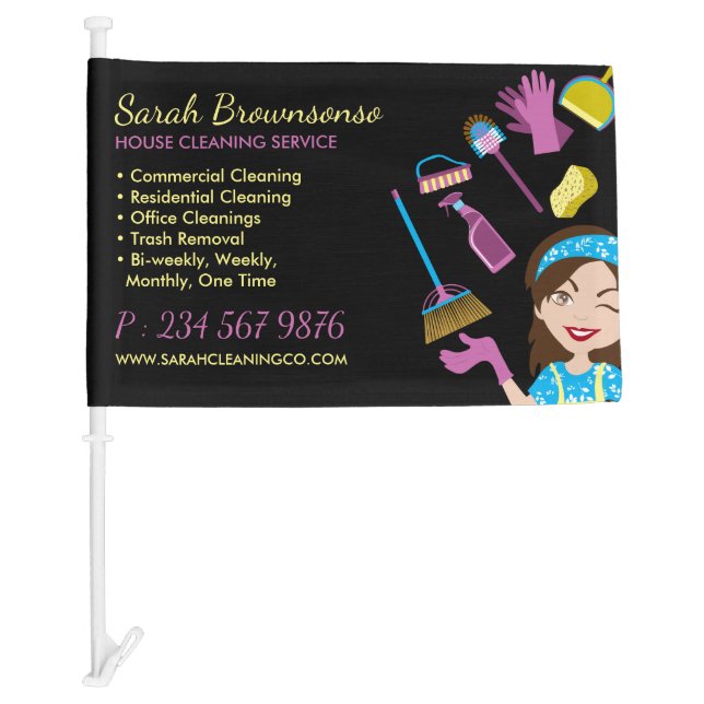 Black Pattern Lady Clean Maid Service Car Flag (Front)