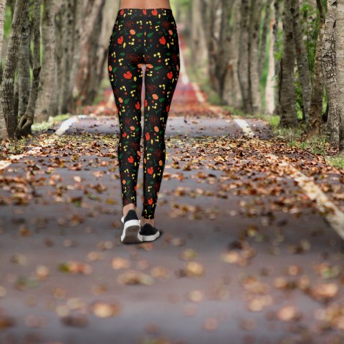 Black pattern red poppy leaves leggings