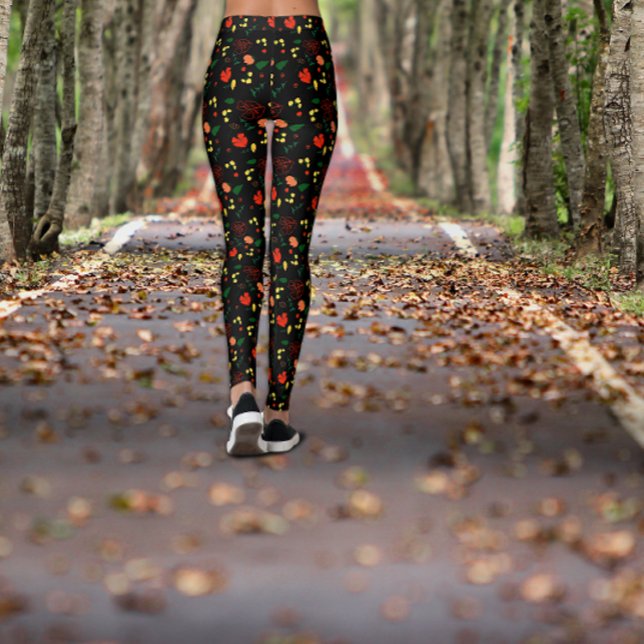 Black pattern red poppy leaves leggings (Creator Uploaded)
