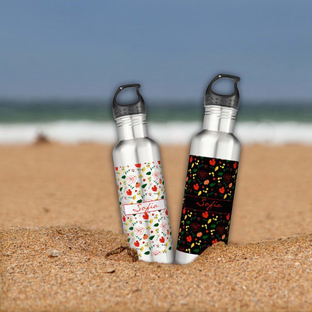 Black pattern wildflowers red poppy   stainless steel water bottle (Creator Uploaded)