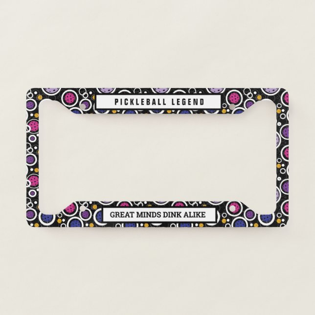 Black Pattern with Pickleballs, custom text License Plate Frame (Front)