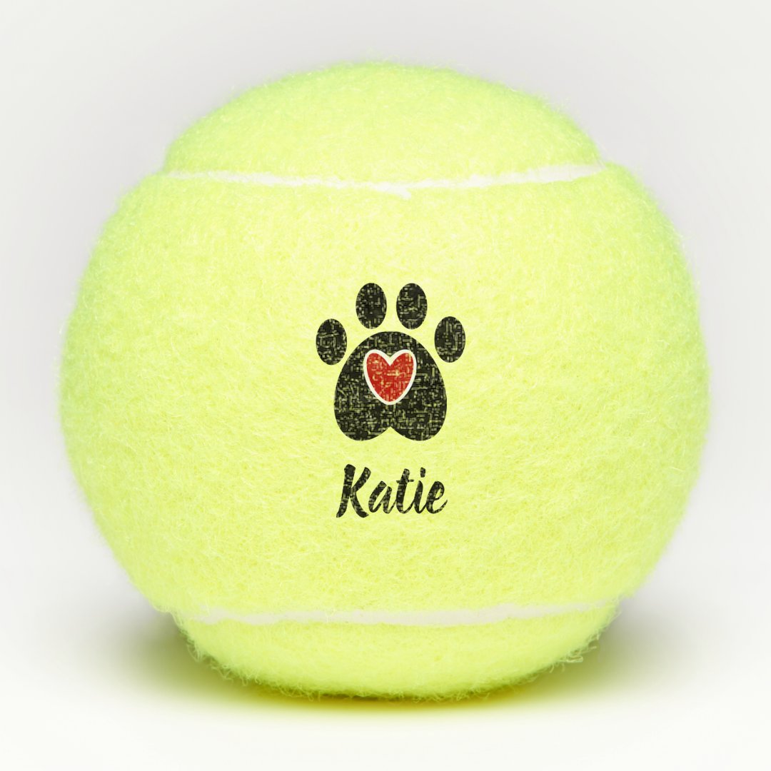 Black Paw Print and Heart Tennis Balls | Zazzle