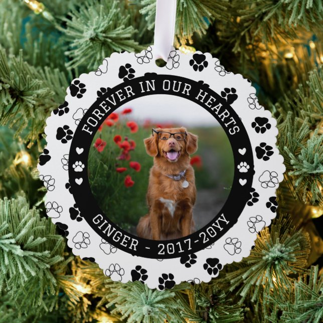 Black Paw Print Forever In Our Hearts Pet Memorial Ornament Card (Insitu (Tree))