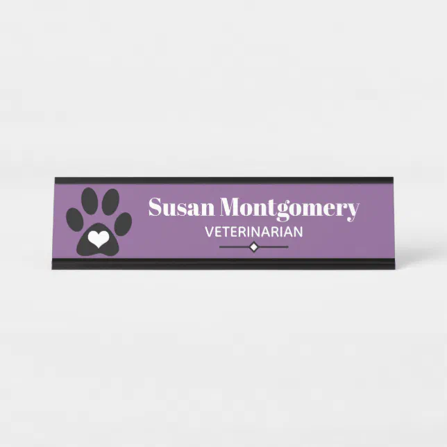 Black Paw Print & Heart Desk Name Plate | Zazzle