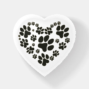 Black Paw Print Heart On White Paperweight