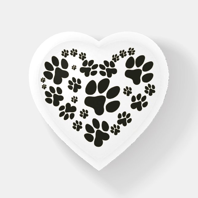 Black Paw Print Heart On White Paperweight (Front)