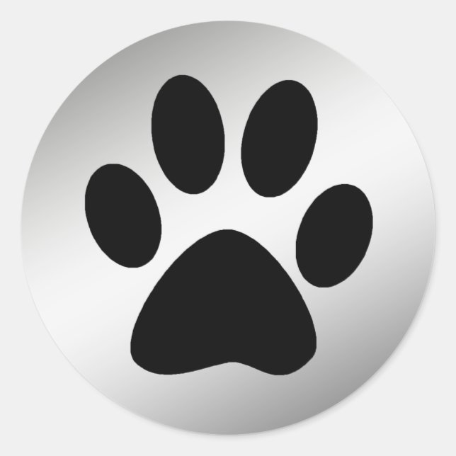 BLACK PAW PRINT ON SILVER CLASSIC ROUND STICKER (Front)